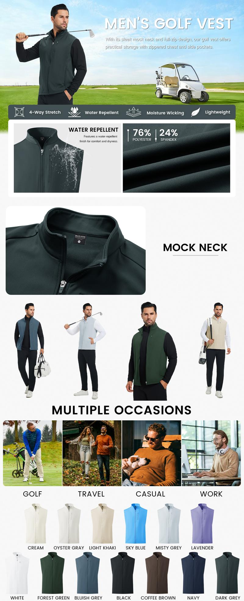 MAELREG Men's Vest Outerwear Golf Water-Resistant Performance Lightweight Fleece Vest for Men Sleeveless Lined Midlayer