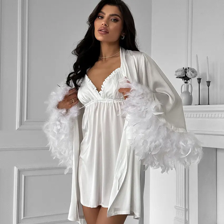 2026Feather Trim Robe & Slip Set| Soft Comfortable Sleepwear, Loose Fit Loungewear, Fashion Home Outfit for Women