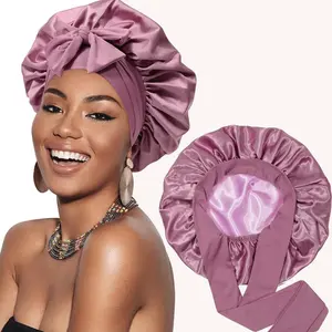 Double Layer Satin Bonnet, 1 Count Bean Paste Sleep Cap with Elastic Tie Band Curly Hair Night Cap, Curly Hair Bonnets Gifts for Mother's Day