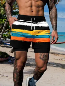 Men's Summer New Colorblock Striped Beach Pants, Dual-Layer Anti-Embarrassment, Breathable Casual Swimwear, Drawstring Waist