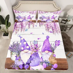 Cute Gnomes Fitted Sheet,Purple Vine Flower Butterfly Bed Cover,Lavender Bouquet Bedding Set for Kids Boys Girls,Soft Polyester Bedding