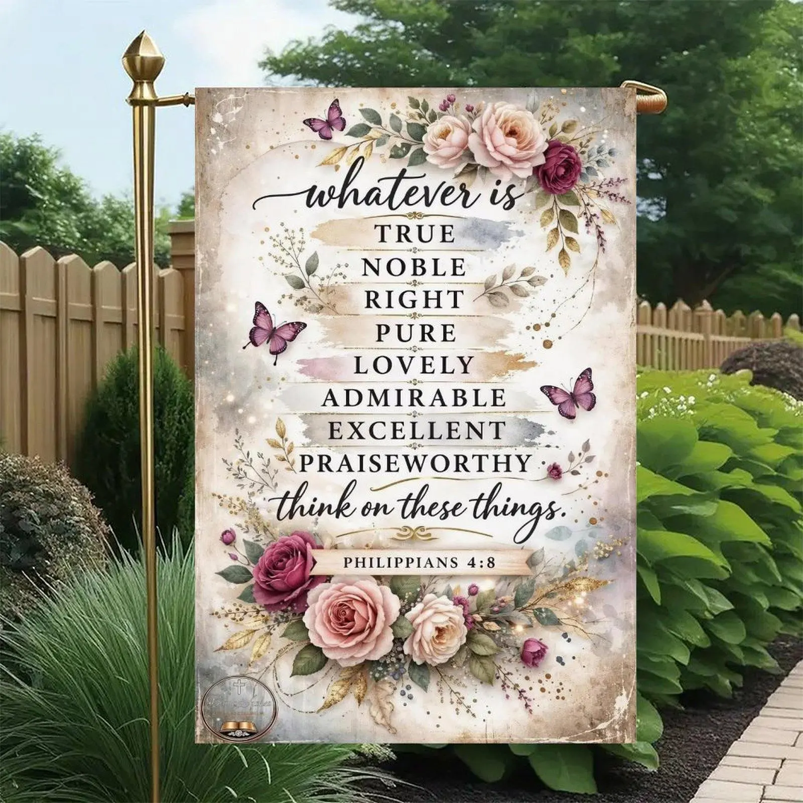 Philippians 4:8 Whatever Is True Noble Pure Vintage Pink Rose Butterfly Watercolor Bible Verse Garden Flag Double-Sided 12x18in, Religious Inspirational Entry Patio Banner