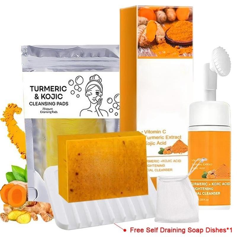 [TURMERIC&KOJIC] Turmeric Cleansing Mousse,Turmeric Wash and Care Three Piece SetTurmeric Tablets,Turmeric Soap Facial Cleansing Skincare FacialCleansing Cleanser Comfort