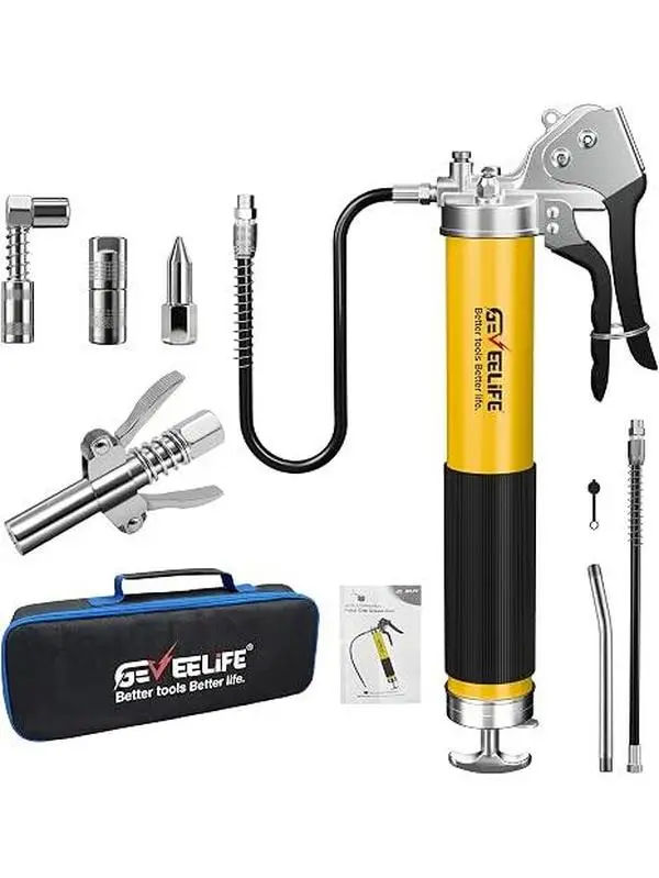 GEVEELIFE Heavy Duty Grease Gun Kit - 10,000 PSI Pistol Grip, 14 oz Capacity, 2×18 Inch Resin Flex Hoses, 90° Coupler, Easy Grease Loading, Convenient Storage & Carrying for Automotive Maintenance, On-the-Go Repairs, Rubber, Elbow And Straight Extension P