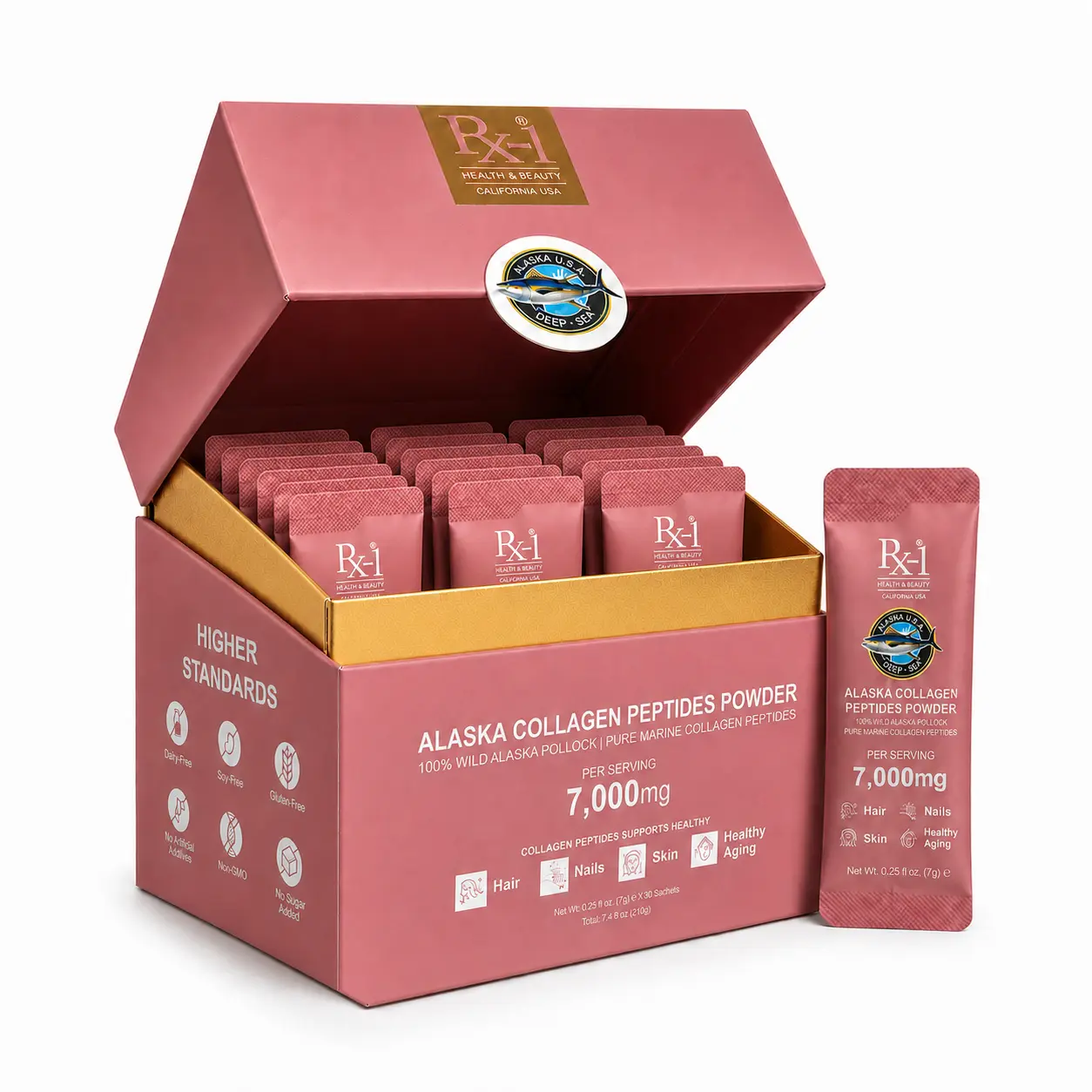 Rx-1 Marine Collagen Peptides Powder, 7,000 mg Wild Alaska Pollock Collagen, Hydrolyzed, 30 Stick Packs for Hair, Skin & Nails
