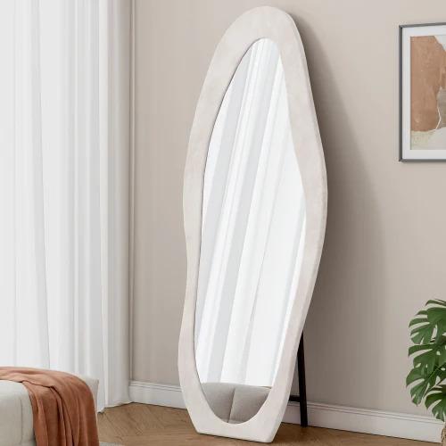 Flannel Wrapped Wooden Frame Minimalist Floor Mirror Irregular Wavy Design Living Room Furniture Decorative for