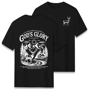In Nature's Majesty God's Glory Is Displayed Psalm 42:1 Graphic T-Shirt, Deer & Bible Verse Print Crew Neck Tee, Faith & Outdoor Casual Top
