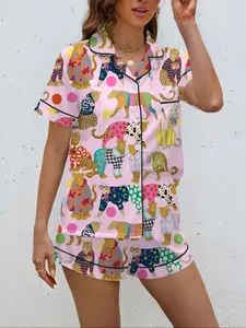 Women's Animal Print Pajama Set, Casual Fitted Sleepwear, Soft Shirt Collar Top & Elastic Shorts, Comfortable Home Wear