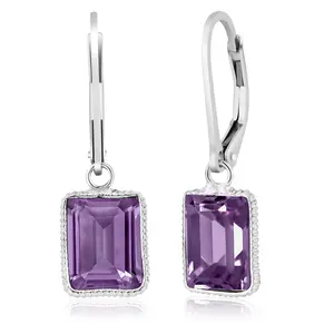 5.00 Cttw 925 Sterling Silver Purple Amethyst Earrings | Gemstone Birthstone | Emerald Cut 10X8MM | Drop Dangle Earrings for Women