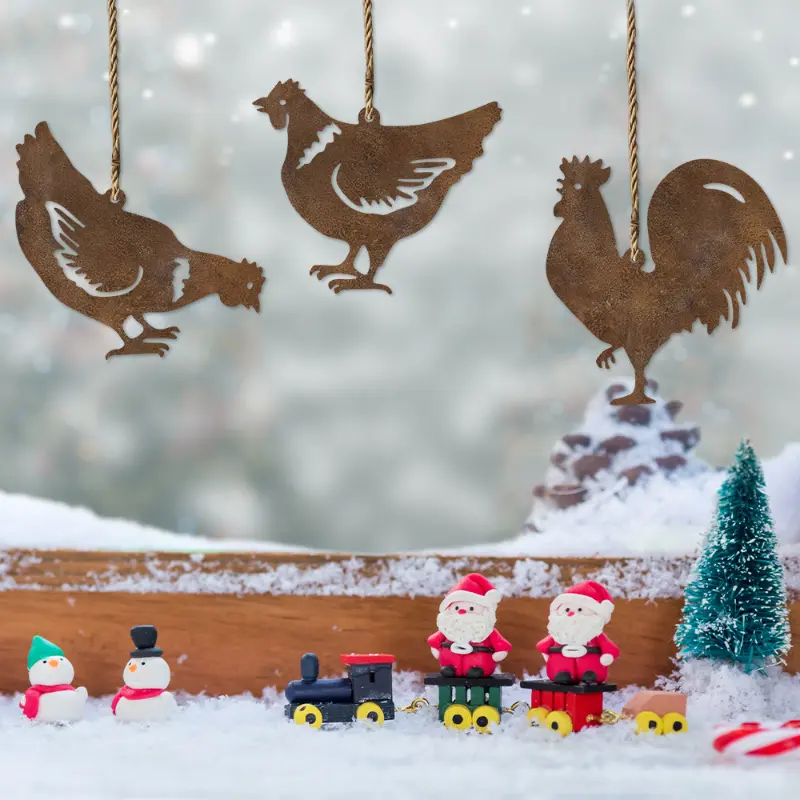 3-Pack Art Deco Rustic Metal Chicken Ornaments - Unique Shape Hen-Themed Christmas Tree Home Decor for Households, No Power Needed