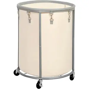 Rolling Laundry Hamper with Wheels – 185L (48 Gallon) Large Industrial Clothes Laundry Basket with Removable Bag, Round Cart Sorter for Bedroom, Hotel, Beige & Gray