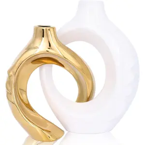 White  Ceramic Decorative Vase Set of 2, Pampas Grass & Coffee Table Decor, Entryway Table Decor (White )