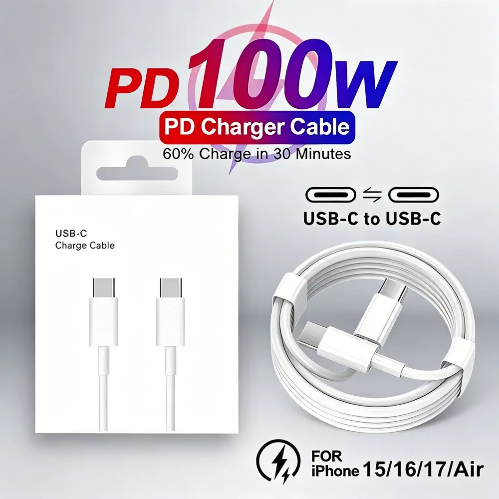 PD 100W USB-C to USB-C Fast Charging Charger Cable for iPhone 15 16 Plus 17 Pro Max Samsung Google Moto Xiaomi Redmi POCO Huawei Honor OPPO Realme Dual Type C Quick Charge Data Cellphone Cable with Box Box Included