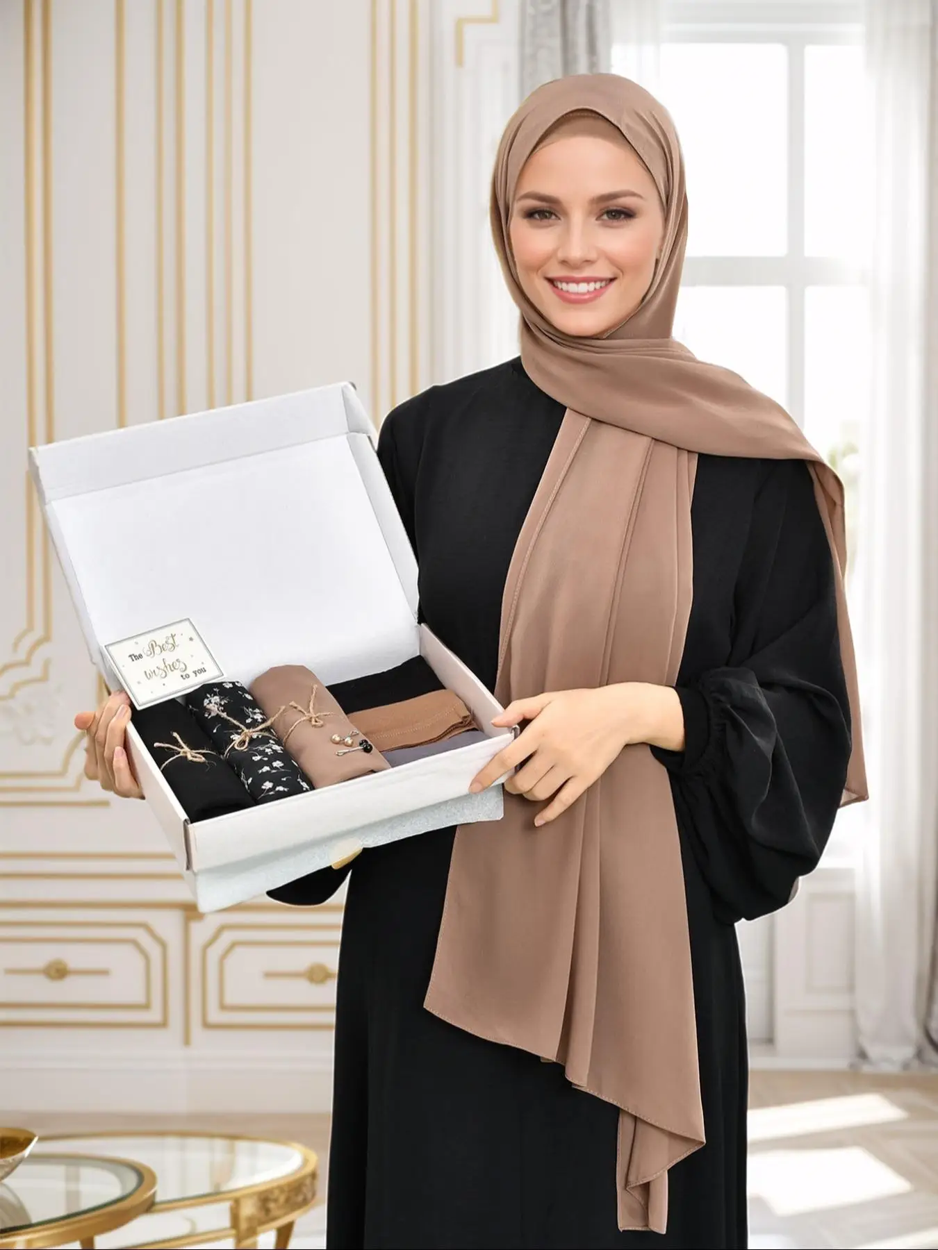 Women's Floral Print Khimar Set, Modest Long Scarf & Solid Color Beanie Hat, Muslim Women's Hijab Set for Daily Wear, Gift for Her