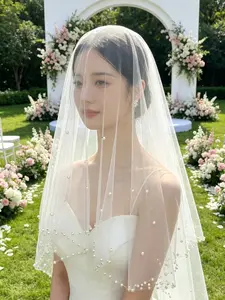 French-Style Bridal Wedding Dress Veil, Trailing Veil, Hand-Sewn Pearl Veil, Single-Layer Beaded Veil Headpiece, Elegant Wedding Accessory