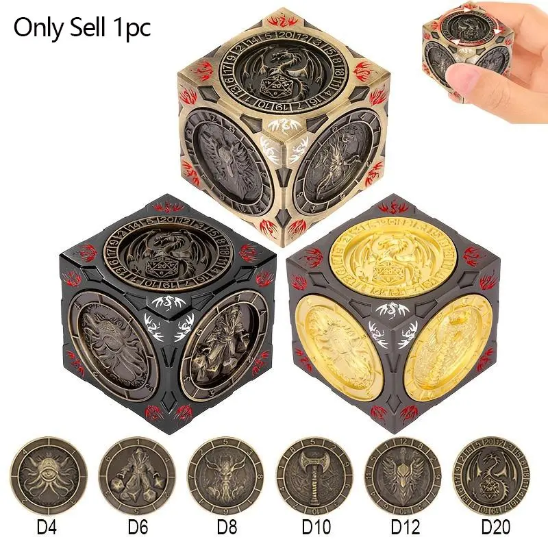 Vintage Hexagonal Dice Spinner with 6 Different Pattern, Rotatable Polyhedral Dice (D4, D6, D8, D10, D12, D20),Creative Tabletop Role Play Gaming Accessory,Indoor Entertainment Board Game Dice Stainless Steel with Dragon Pattern, Dnd Metal Dice