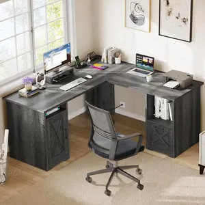 DWVO L Shaped Desk with Power Outlets, 60 Inch Computer Desk Corner Desk with File Drawer, Home Office Desk with Monitor Stand & Storage Shelves, L-Shaped Desk with File Cabinet