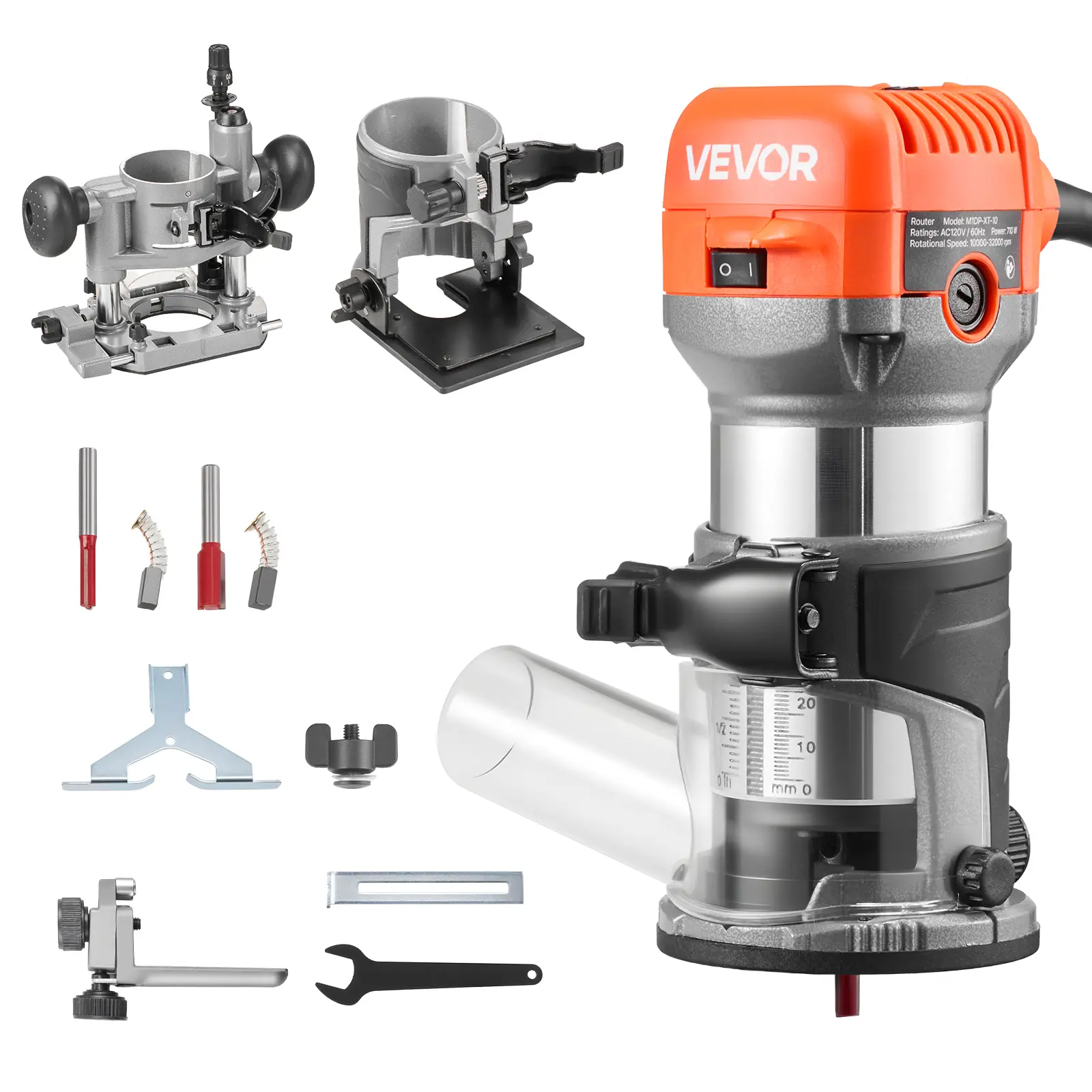 VEVOR 1 HP 710W Variable Speed Corded Palm Wood Router, 1/4 in Collet Power Tool with Fixed, Plunge, Tilt Bases, Soft Start, Hardware, Edge Trimming, Precision Processing, Router Bits for Woodworking Cutting, DIY Projects