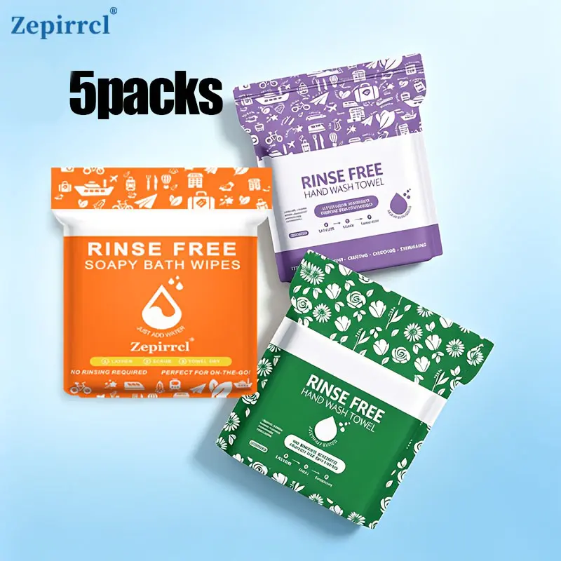 5 Packs Portable Disposable Foaming Cleaning Dry Sheets, Water-Activated Foam, Gentle and Skin-Friendly, Deep Cleansing, Removes Dirt and Makeup, Refreshing Multi-Use Dry Towels for Hands and Face, Ideal for Home, Office, Commuting, Camping, Travel, and E