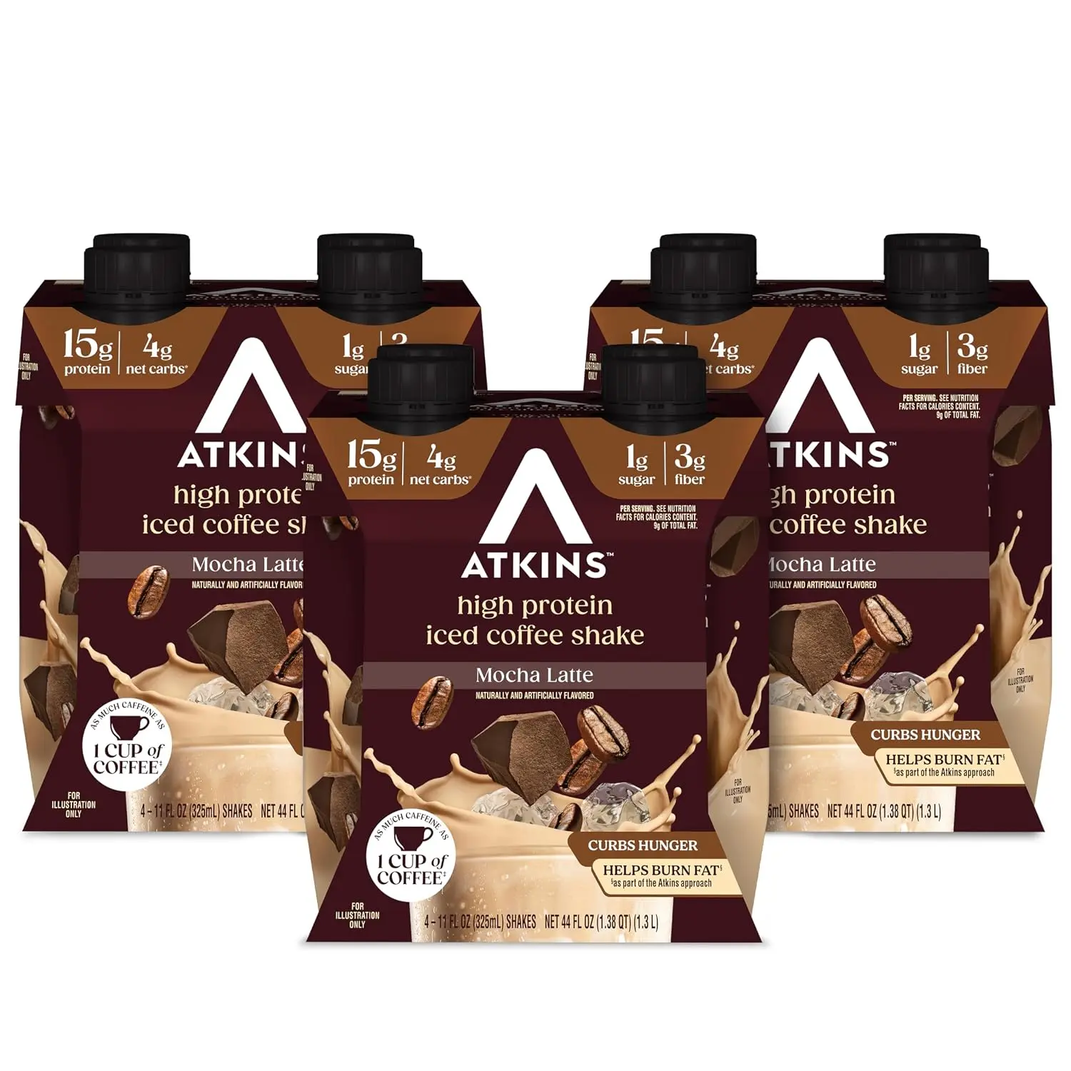Mocha Latte Iced Coffee Flavored High Protein Shake, 12 Count | 15g Protein, 4g Net Carbs, 1g Sugar, 3g Fiber, Contains Caffeine, Ready to Drink, 11fl oz, 3 Pack of 4 Count Shakes