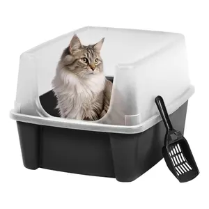 IRIS USA Large High Sided Cat Litter Box, Open Top, Scatter Shield, Scoop Black
