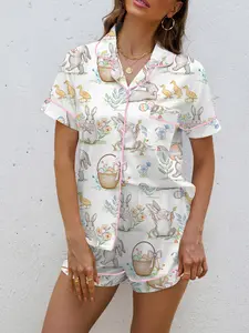 Easter Bunny Print Cute Women's Pajama Set, Long Sleeve Button Front Soft Top and Elastic Pants, Casual Home Wear Loungewear for Daily Use