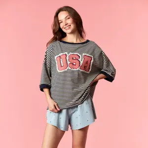 'USA' Gingham Patches Thin Stripe Short Sleeve Knit Top