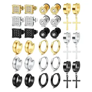 15 Pairs Fashion Stainless Steel Earrings Set for Men Women Includes Silver Stud Black Hoop Gold Cross Dangle Cartilage Zirconia Piercing Earrings