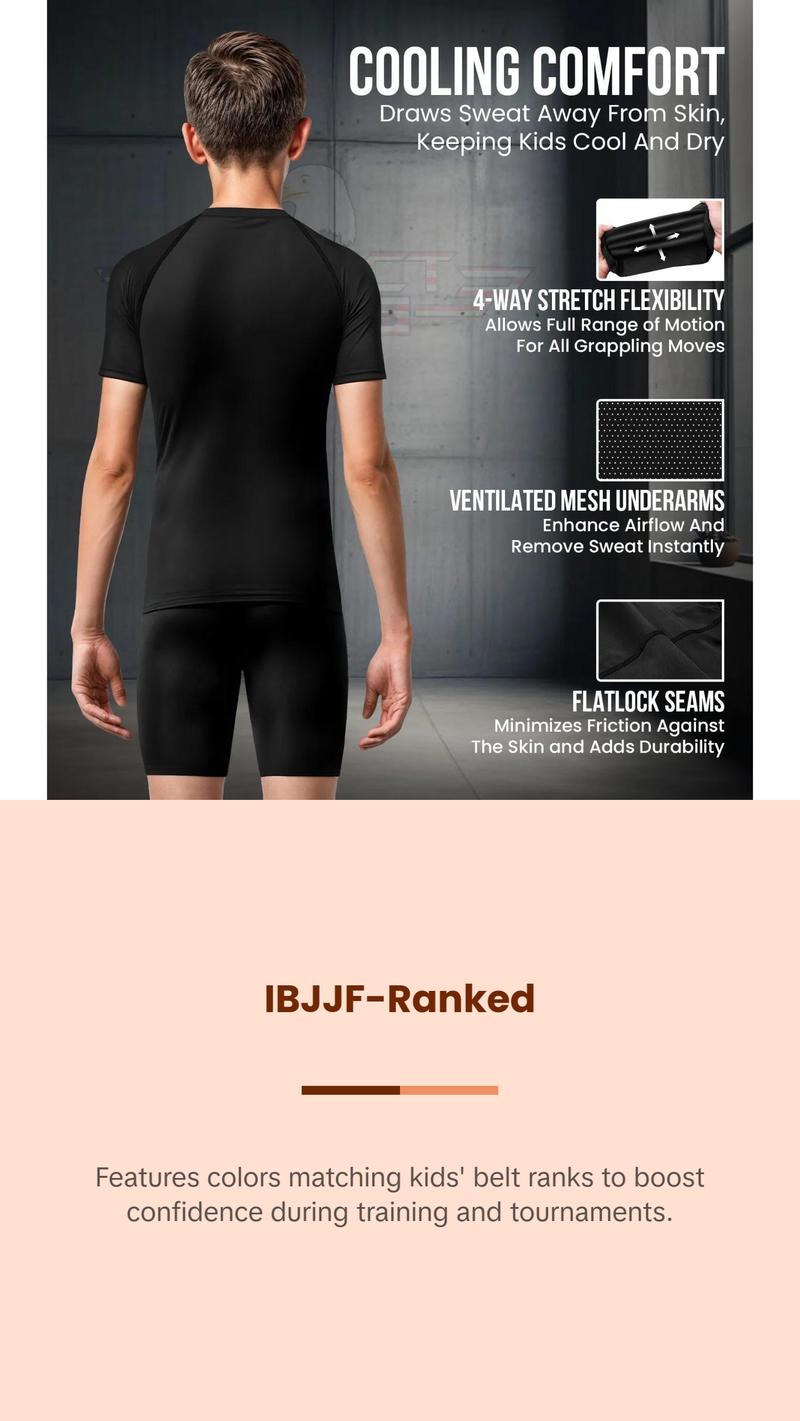 Exxact Sports Kids BJJ Rash Guard Short Sleeve, Ranked No Gi Jiu Jitsu Compression Shirt for Boys & Girls for MMA, Wrestling - (Black) Activewear