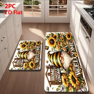 2/3 Piece Flannel Kitchen Mat Set, Sunflower Farmhouse Gnome Welcome Design, Non-Slip, Absorbent, Home Decor, Decorative Rug