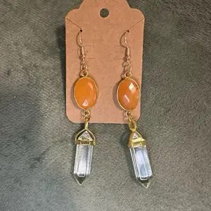 Lottie's Handmade Orange Colorful Drop with Quartz Crystal Pendant Hook Earrings