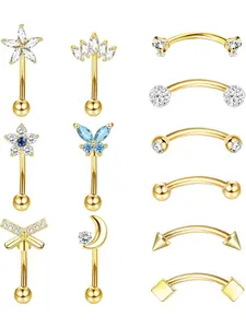 12pcs 16g Rook Daith Earrings for Women, Stainless Steel Eyebrow Piercing Jewelry, Curved Barbell Short Belly Lip Rings 6mm 8mm, Side Labret Jewelry, Swirly Conch Jewelry