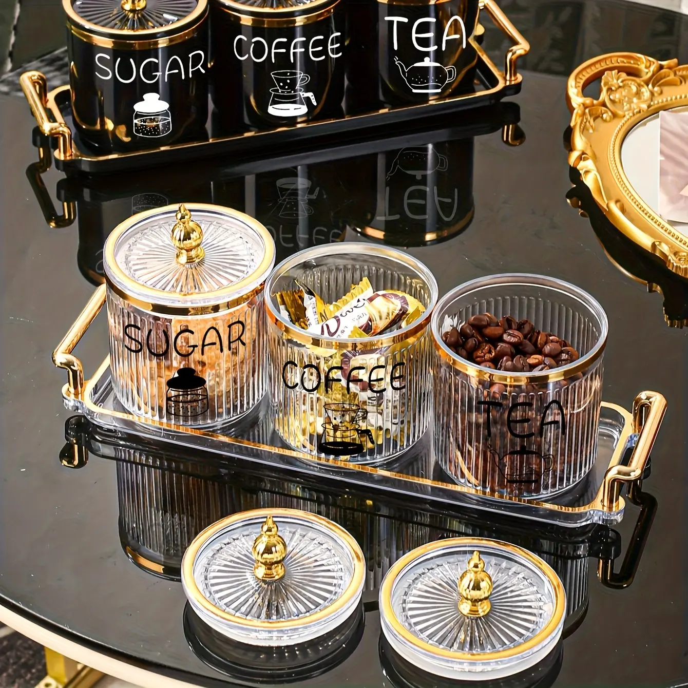 Gold-rimmed seasoning jar + gold stand + spoon Plastic Condiment Jars Jar Holders Food Storage Jars, Sugar Jars, Milk Jars,