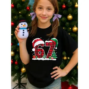 Young Girl's Tartan Christmas 67 Theme Funny Christmas 67 Meme Fun Graphic Cotton T-Shirt For Young Girls, Black Christmas Family Gift Shirts For Christmas Holiday Fun Young Girls T-Shirt - Tartan Pattern, Summer Kids Funny 67 Meme SIX SEVEN Top, Round Ne