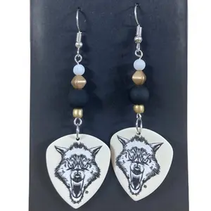 Guitar Pick Earrings - Wolf Head Design with Black Beads, Gold, White & Silver Accents