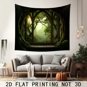 1 Tree Hole Tapestry with Gothic Window, Forest and Mountain View, Mysterious Wall Decoration, Home Bedroom Decor, Landscape Mural Tapestry, Wall Hanging Tapestry