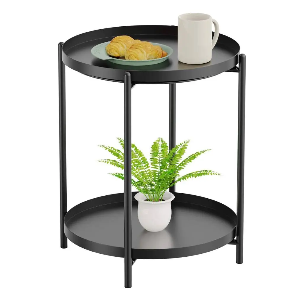 Yesker 2-Layer Round Metal Multi-Functional Modern Sturdy End Table, Indoor-Outdoor Furniture with Storage, Ideal for Living Room & Bedroom, Small Accent Side Table for Snacks, Bedside, Sofa Side, Modern End Table