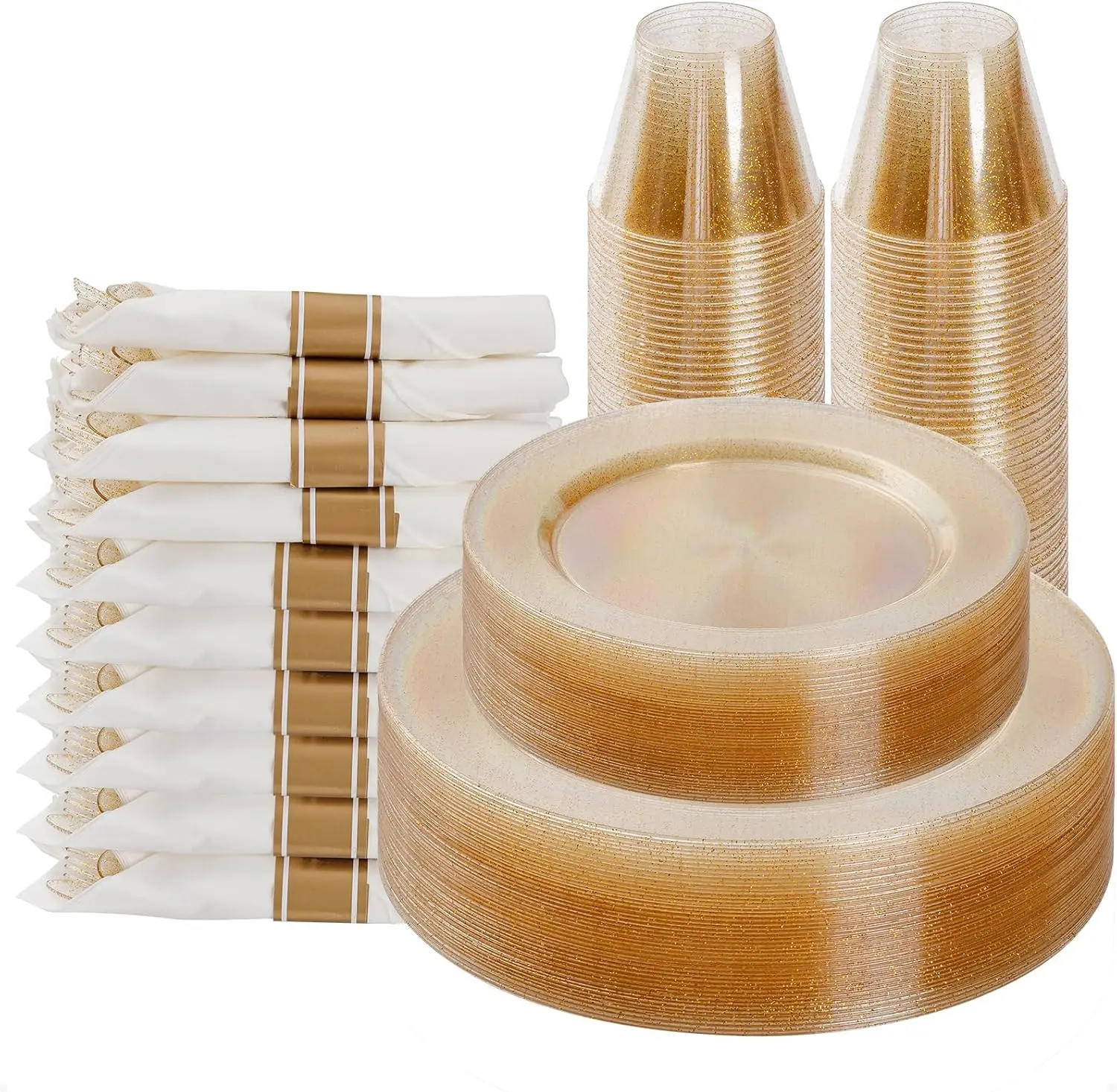 175 count  Glitter Plastic Dinnerware Set for 25 Guests, Fancy Disposable Plates for Party, Include: 25 Dinner Plates, 25 Dessert Plates, 25 Pre Rolled Napkins with Silverware, 25 Cups