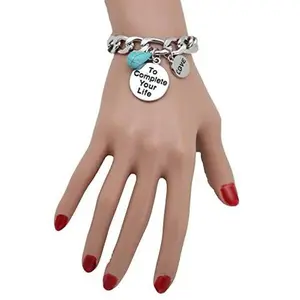 Women Silver Metal Charm Bracelet - Fashion Jewelry Love Complete Life Turquoise Blue