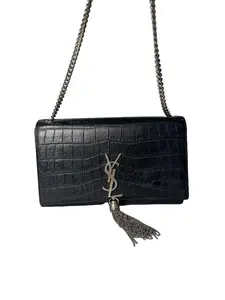 Pre-owned Croc-embossed leather Shoulder Bags Yves Saint Laurent Kate Black Very Good S017260322005