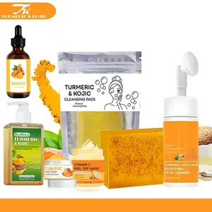 Turmeric Skin Care Kit,7 Counts Nourishing Cleansing Pads & Facial Cleanser & Shampoo&Turmeric Oil &Turmeric Moisturizing Cream & Soap  & Face mask,Skin Care Products for Women, Face Care Products, Kojic Acid Soap,Facial Wash,Face Cleaner