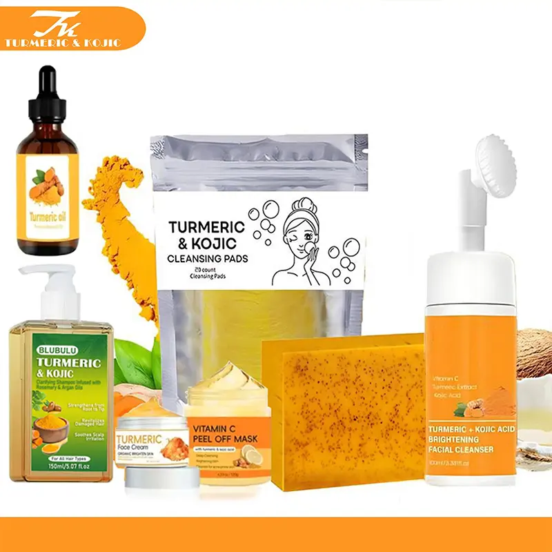 Turmeric Skin Care Kit,7 Counts Nourishing Cleansing Pads & Facial Cleanser & Shampoo&Turmeric Oil &Turmeric Moisturizing Cream & Soap  & Face mask,Skin Care Products for Women, Face Care Products, Kojic Acid Soap,Facial Wash,Face Cleaner