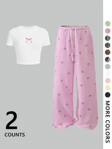 Women's Vintage Bow Print Set, Casual Loose Fit, High Stretch Knit Top, Lightweight Waffle Pants, Summer Home, Multi-Style