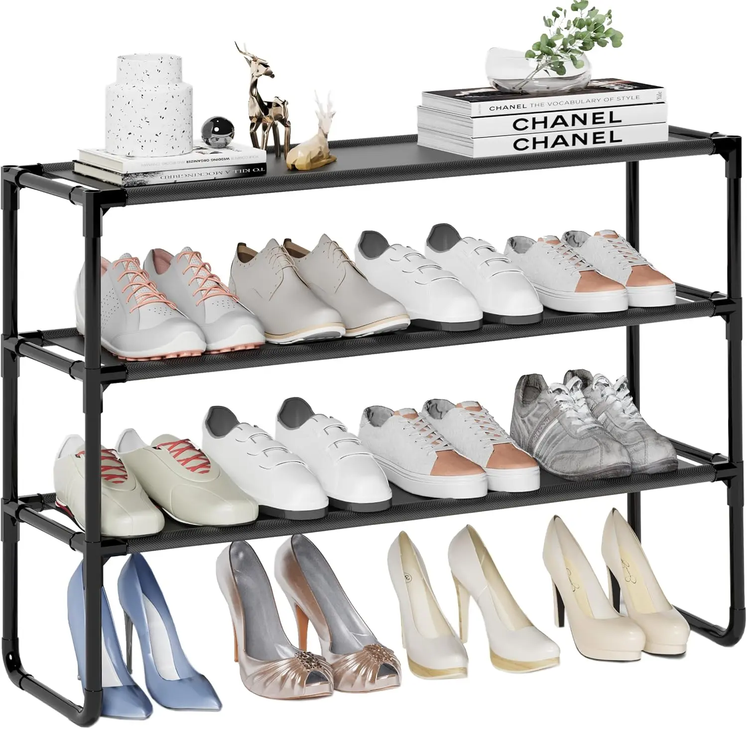 Long Shoe Rack, 3-Tier Stackable Shoe Organizer for Closet, Entryway, Hallway, Extra Bottom Layer, Holds 16-20 Pairs, Sturdy & Durable Waterproof Fabric Shelf, Space-Saving,Black(35.8" Wide)