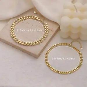 Women's 2-Piece Chunky Cuban Link Anklet Set, 14K Gold Plated Waterproof Adjustable Anklets, Summer Beach Jewelry, Trendy Layered Gift Anklebracelet