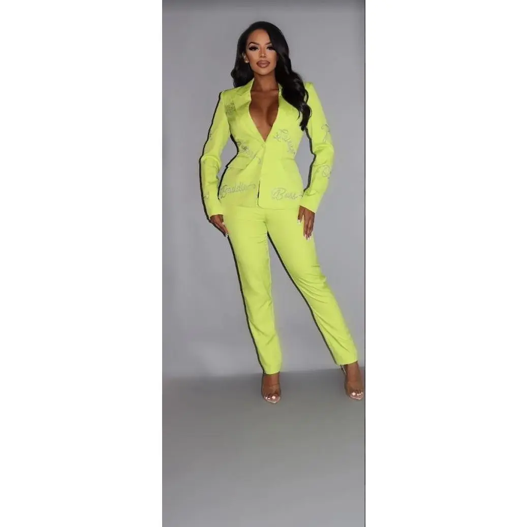 2 Piece Powersuit Blazer & Pants Set With Rhinestone Letterings On Blazer Polyester Womenswear