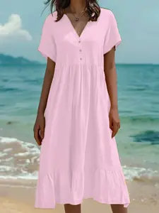 2026 Summer New Women's Solid Color Short Sleeve Fashion Dress, Pleated Simple Comfortable Lady Dress, Versatile and Stylish