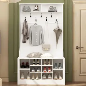 FUFU&GAGA Modern Hall Tree with Storage Bench, 4-in-1 Entryway Bench with Coat Rack, Tall Hall Tree with 7 Metal Hooks, Shelves & 10 Cubes