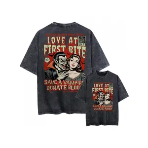 Vintage Washed Black Tshirt Graphic Men Women Clothing Love At First Bite Save A Vampire Donate Blood Retro Halloween Shirt Graph Dracula Halloween Menswear Top 90s tees cotton t-shirt