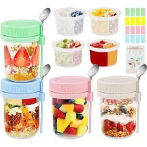 Overnight Oats Containers with Lids and Spoons - 4 Pack 16 oz Glass Mason Jars with Separate Compartments Airtight Overnight Oat Jars Leakproof Yogurt Parfait Cup for Oatmeal Chia Pudding Cereal Salad